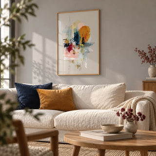 Abstract Wall Art, framed on the wall of a gallery-like living room with a soft grey wall