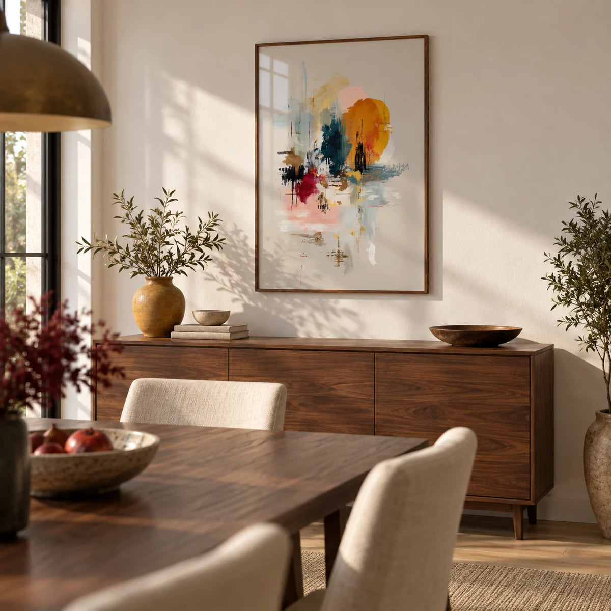 Abstract Wall Art, framed on the wall of a modern dining room