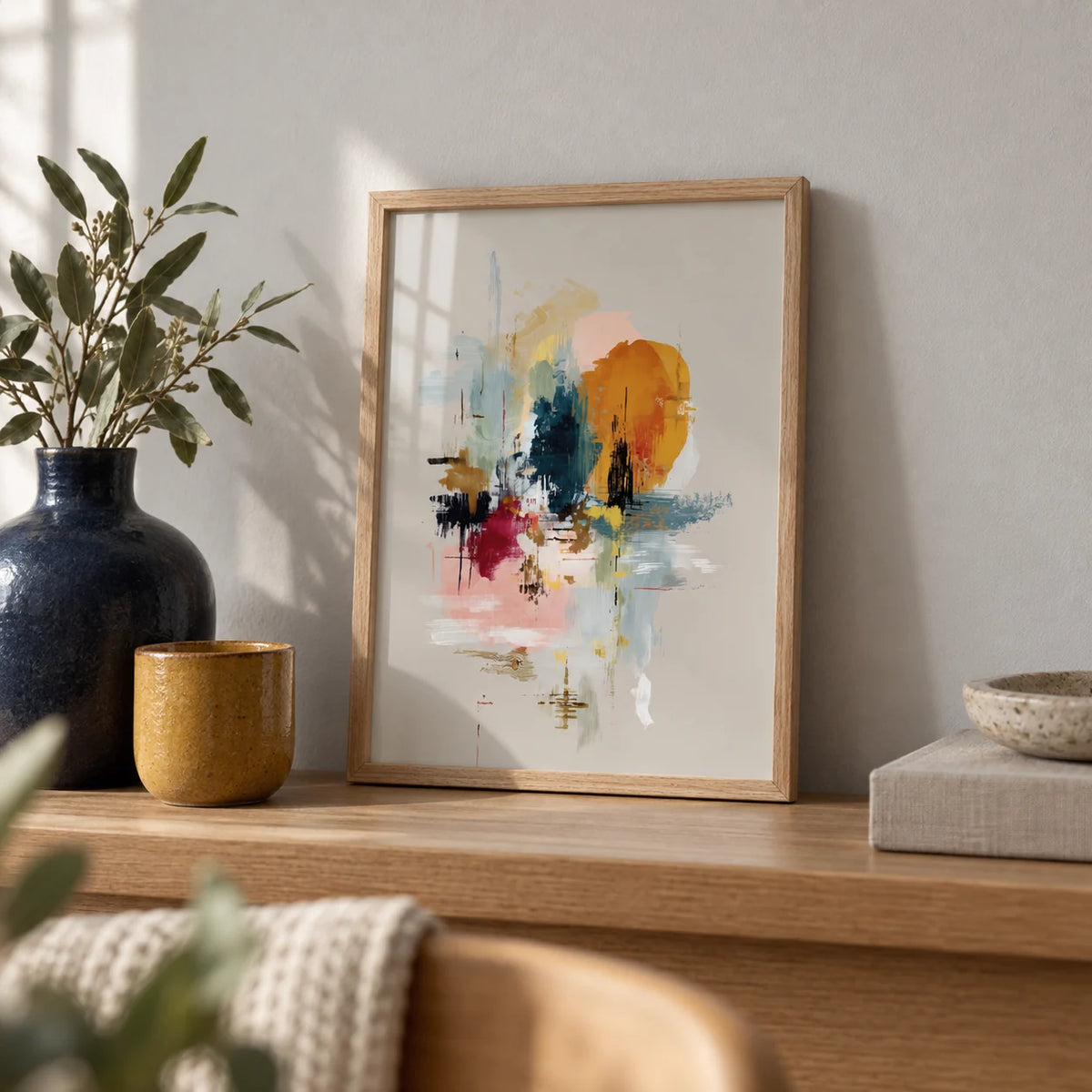 Abstract Wall Art, a small A4 framed print leaning on an oak shelf in a living room
