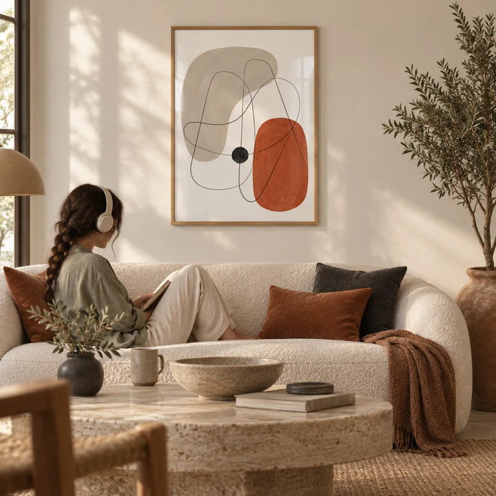 Abstract Wall Poster, framed on the wall of a warm earthy living room