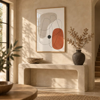 Abstract Wall Poster, framed on the wall of a warm entryway with a limewashed wall