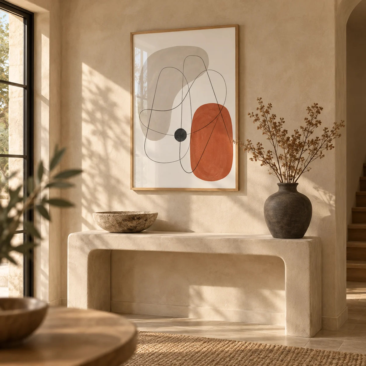 Abstract Wall Poster, framed on the wall of a warm entryway with a limewashed wall