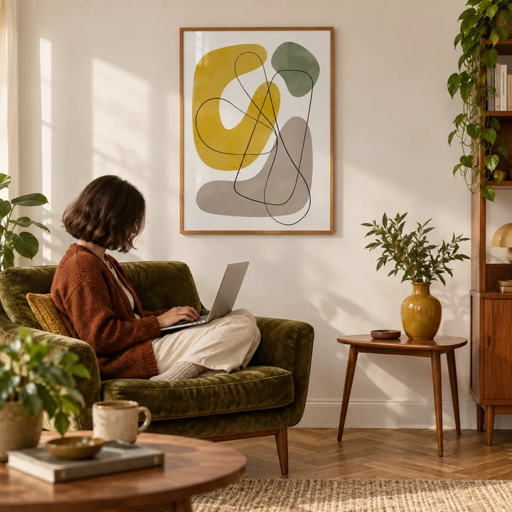 Abstract Wall Print, framed on the wall of a warm mid-century living room with a soft white wall and a herringbone oak floor