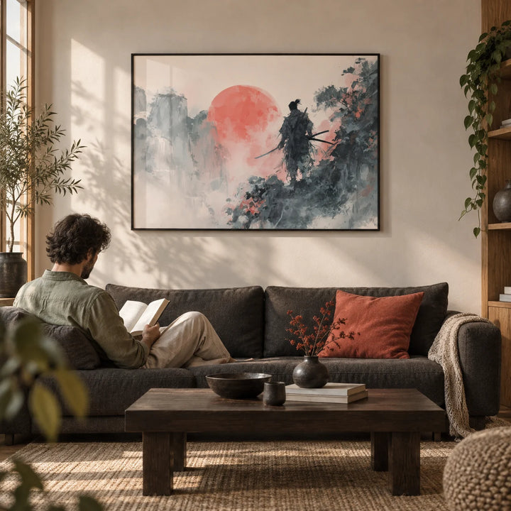 Abstract Warrior Poster, framed on the wall of a calm Japanese-modern living room
