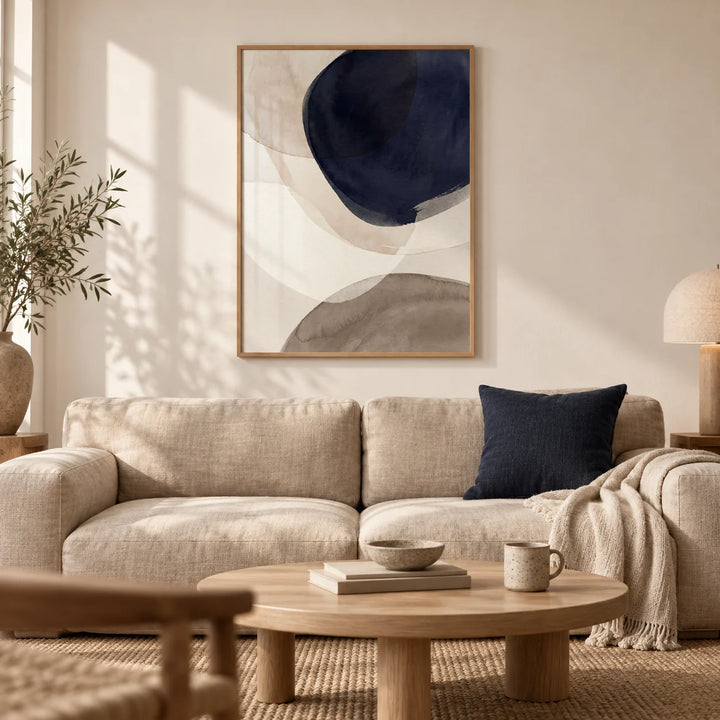 Abstract Watercolor Print, framed on the wall of a calm Japandi living room with a warm white wall