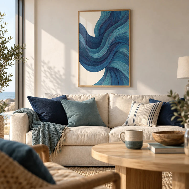 Abstract Wave Art, framed on the wall of a calm coastal living room