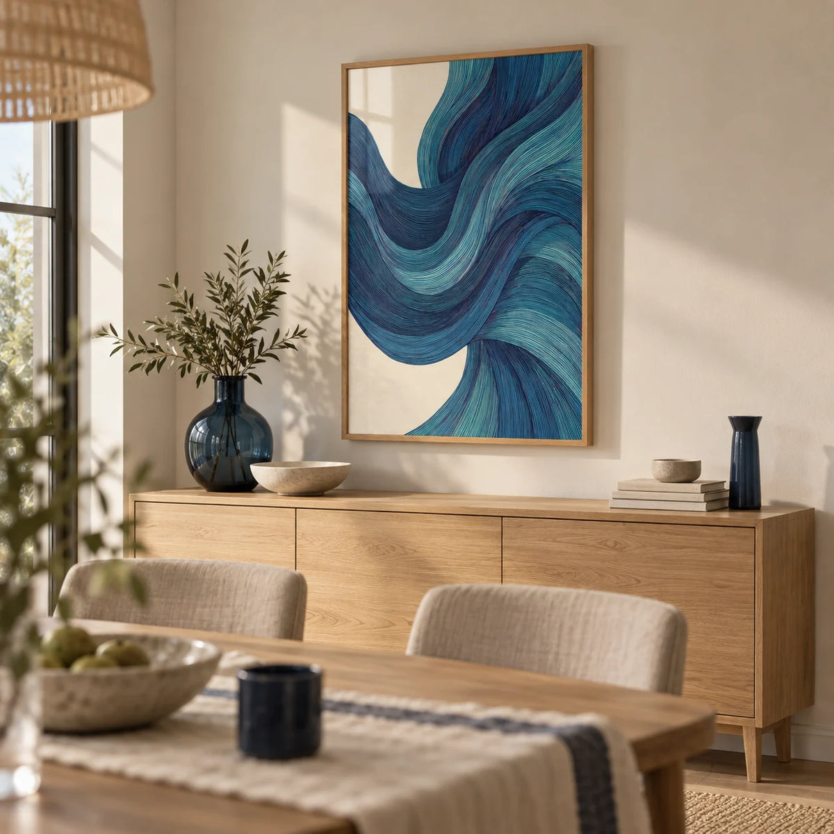 Abstract Wave Art, framed on the wall of a calm dining room