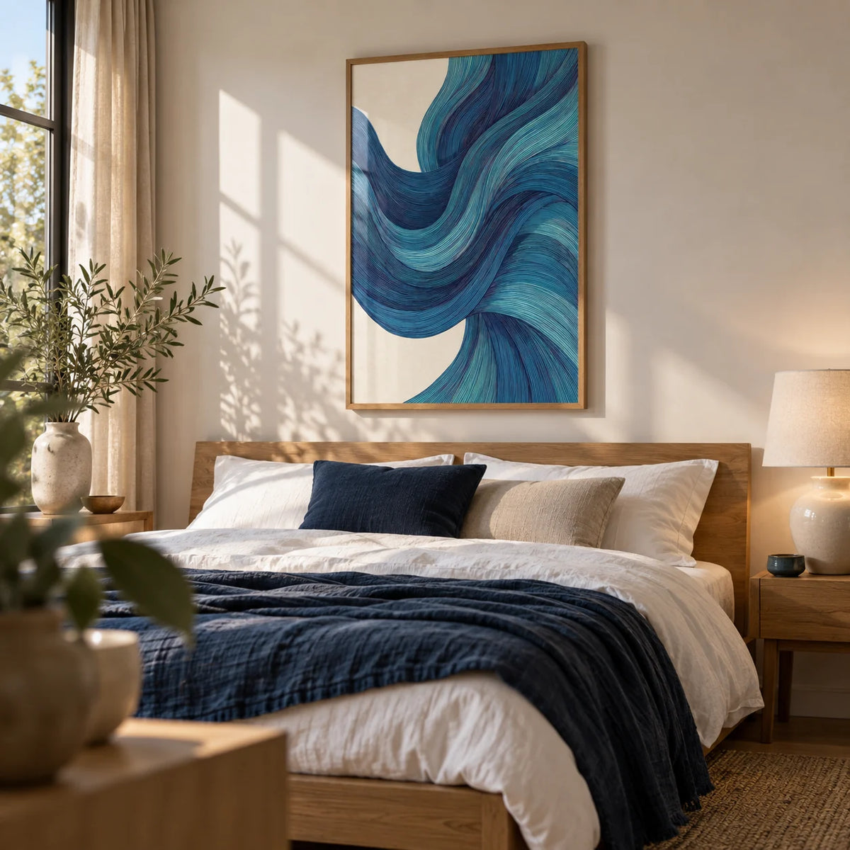Abstract Wave Art, framed on the wall of a serene bedroom