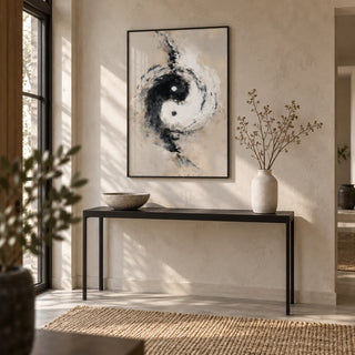 Abstract Yin Yang Art, framed on the wall of a calm entryway with a plaster wall
