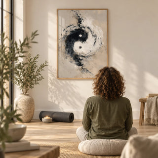Abstract Yin Yang Art, framed on the wall of a calm home yoga and meditation room with pale oak floorboards and a warm white wall in a living room