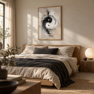 Abstract Yin Yang Art, framed on the wall of a calm Japandi bedroom
