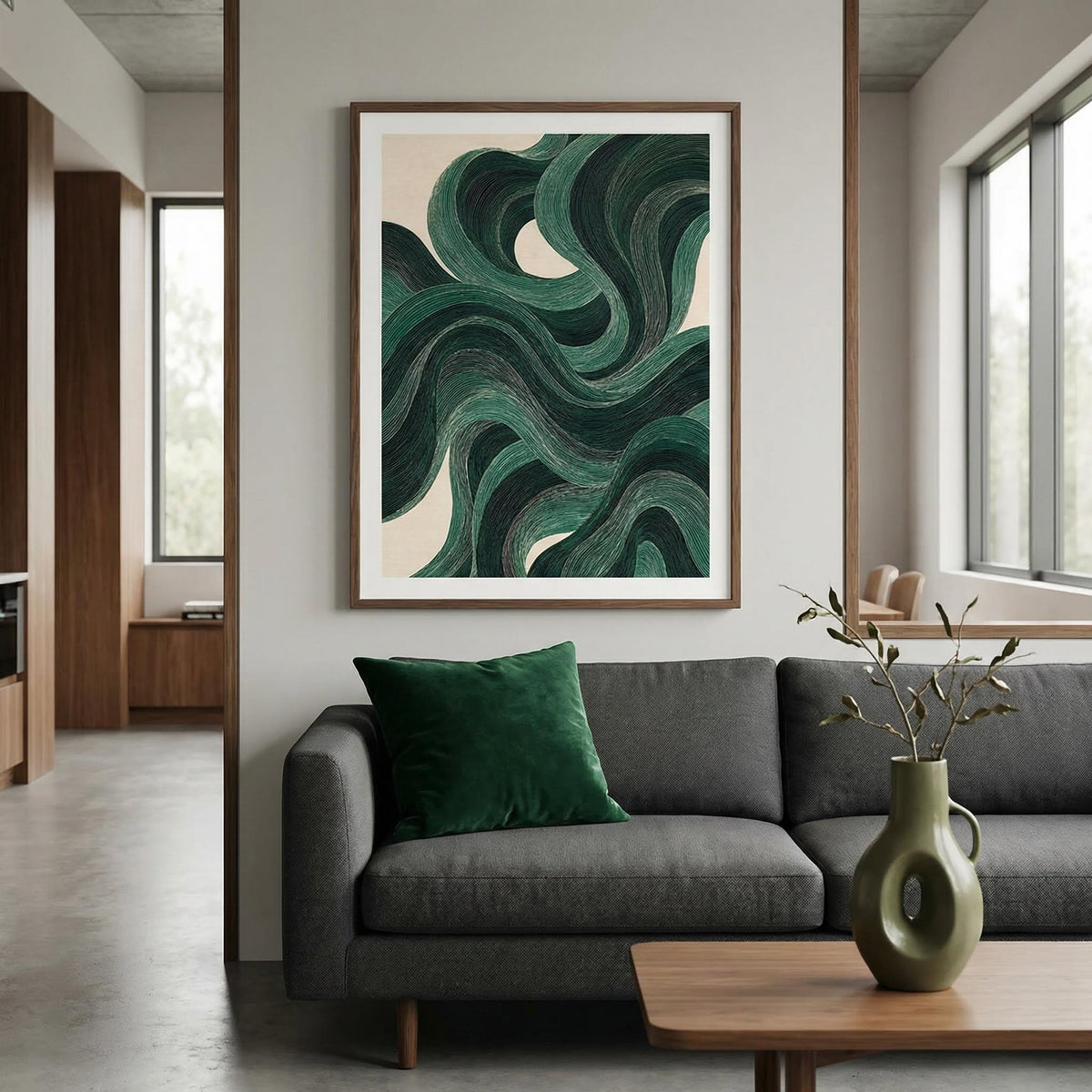Modern Swirl Poster framed print with green swirl pattern above grey sofa with green cushion and green vase