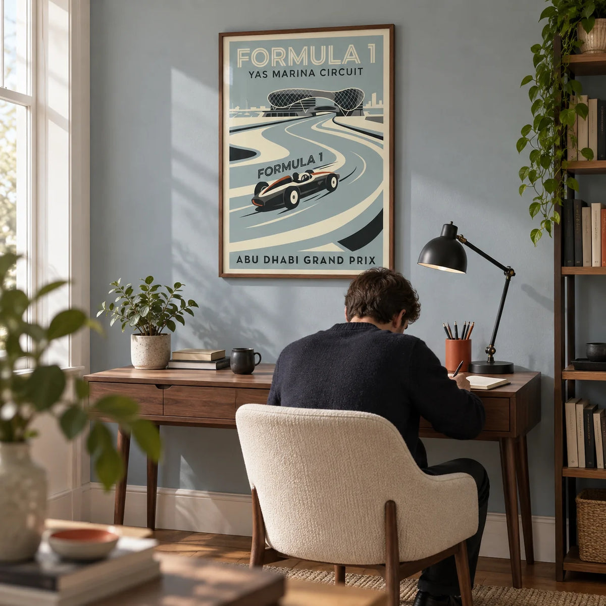 Abu Dhabi Race Circuit Poster, framed on the wall of a design-led home study in a UK terrace with a pale blue-grey wall