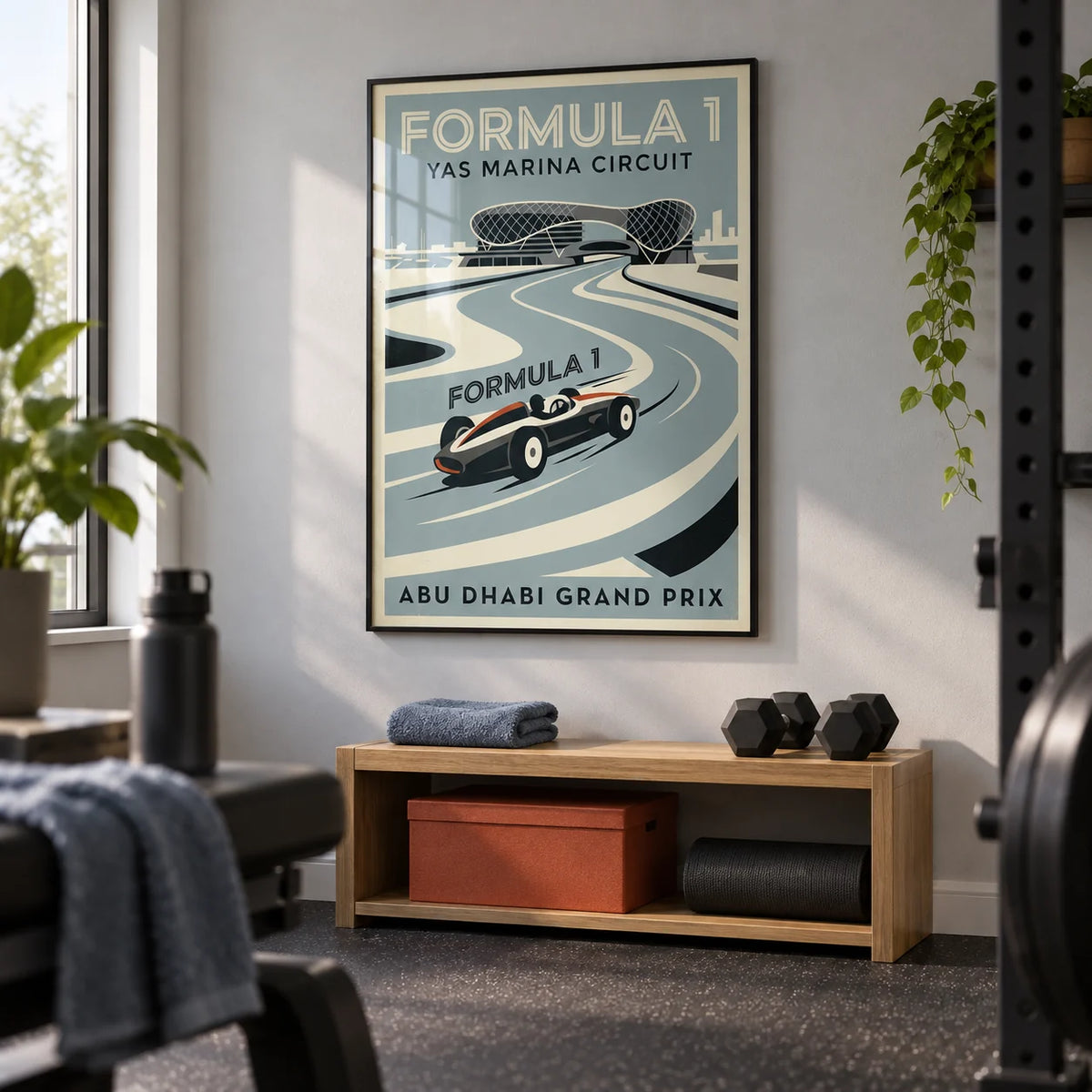 Abu Dhabi Race Circuit Poster, framed on the wall of a small home gym in a converted UK spare room with a pale grey wall and black rubber floor