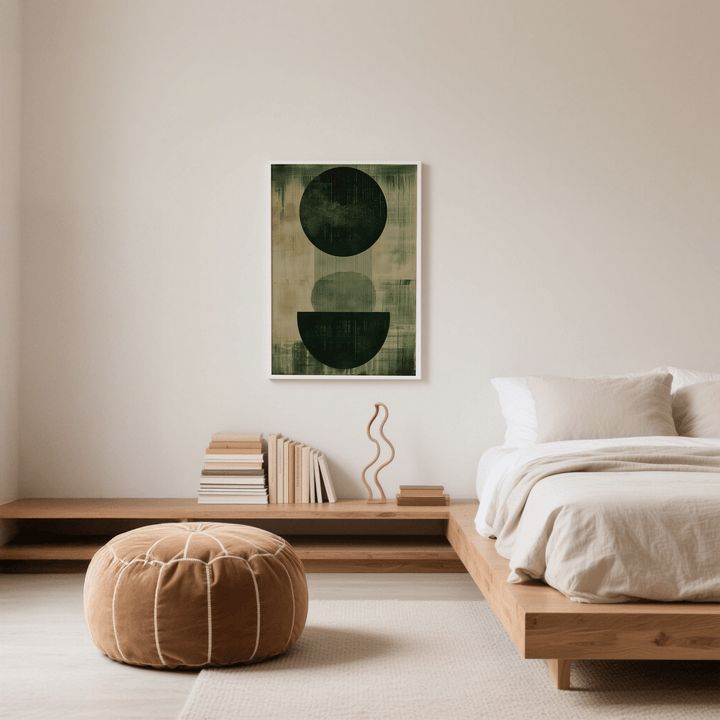 Green Wabi Sabi Print on a pale wall above a wooden shelf with books and a curved sculpture in a bedroom