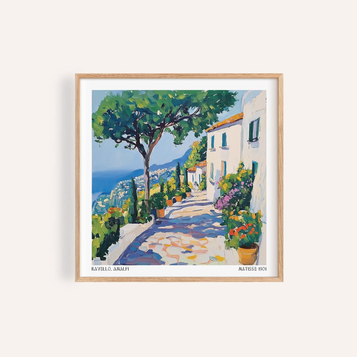 Framed print of Amalfi Coast showing a Mediterranean path with trees and colourful flower pots