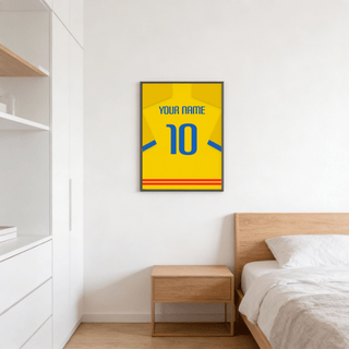 Football Shirt Poster in Bright Yellow with Blue Number on a white bedroom wall above a wooden bedside table