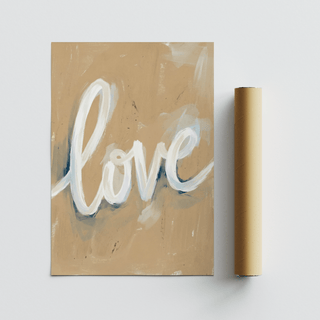 Love calligraphy wall art print on a beige background with a packaging tube beside it