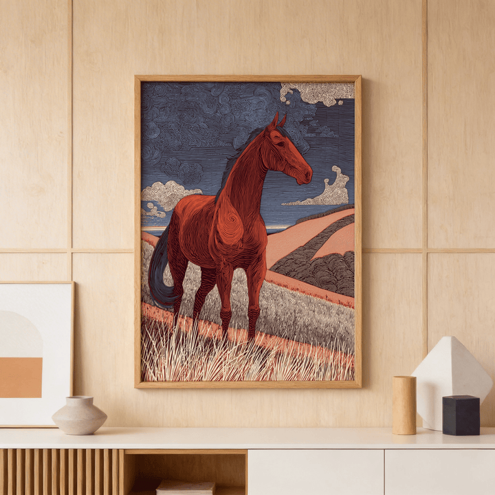 Horse line art framed print of a chestnut horse in a field above a cabinet with minimalist decor