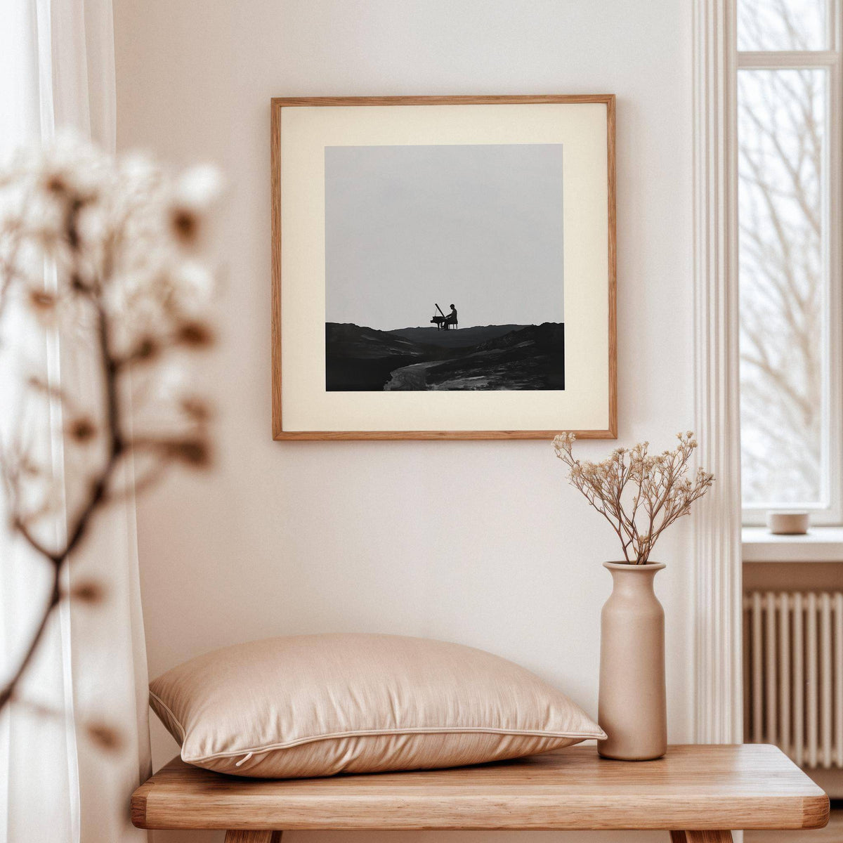 Piano Abstract Art framed print of a silhouette playing piano in black and grey above a wooden bench with a cushion