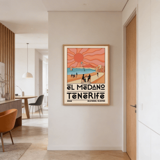 Tenerife Travel Poster print of a beach scene with orange sun and blue sea in a hallway by a wooden door