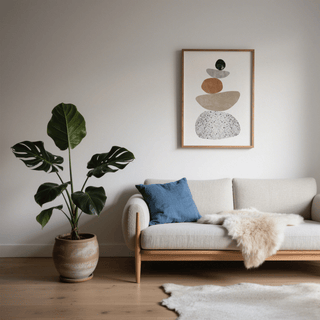 Modern Pebble Print framed on a pale wall above a sofa with a blue cushion and a potted plant