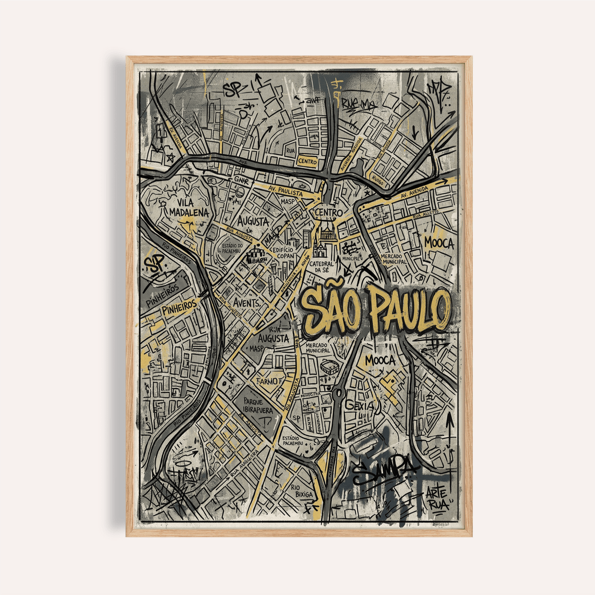 Framed print close-up of Sao Paulo Map Art graffiti style city map in black and gold on grey background