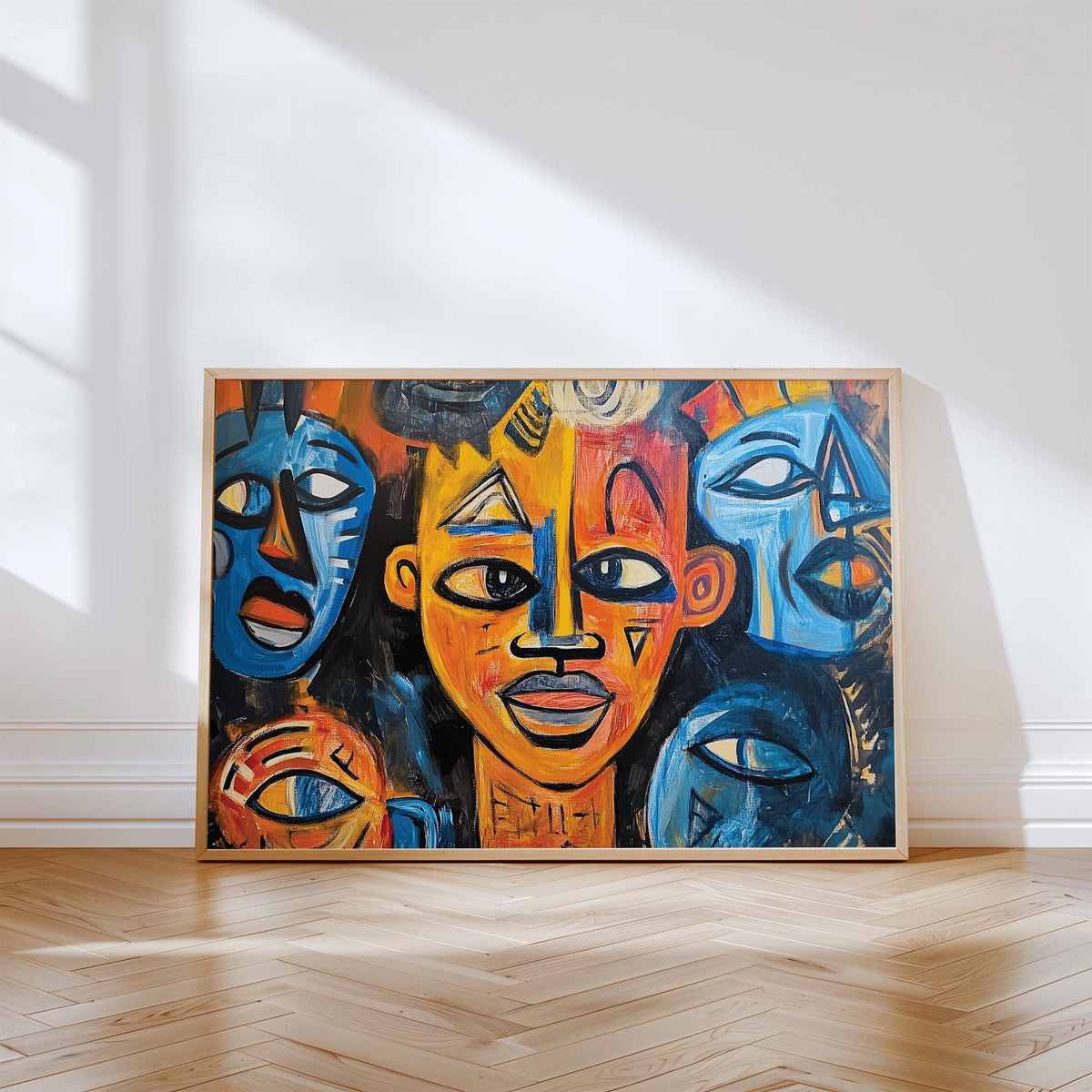 Abstract African wall art of tribal faces in orange and blue leaning against a white wall on a wooden floor