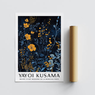 Orange and Blue wall art print with yellow and blue flowers displayed next to a packaging tube on a grey background
