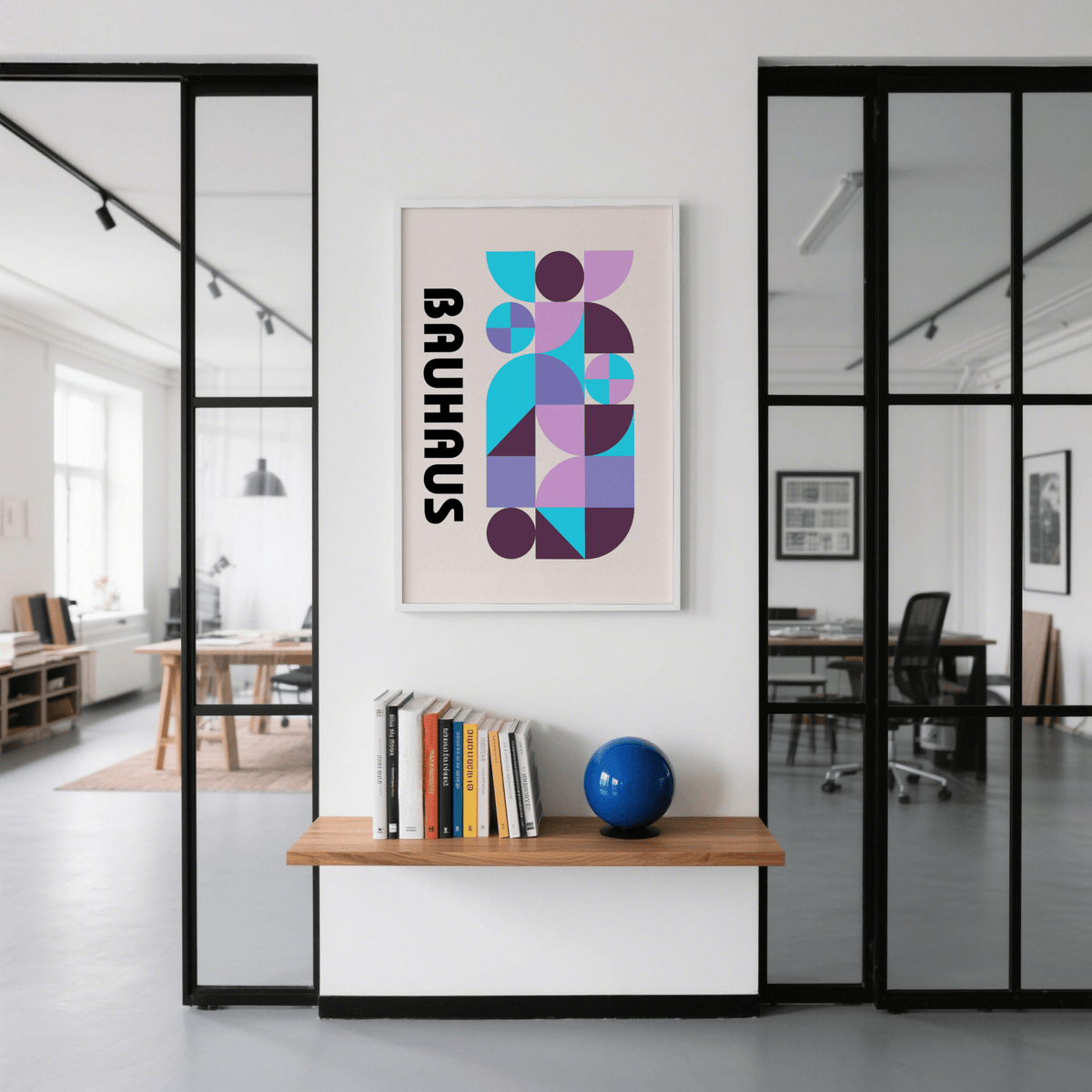 Colorful Shape Print framed print of blue and purple geometric shapes above a wooden shelf with books and a globe in an office