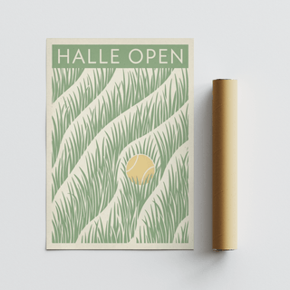 Tennis Grass Art Print with a minimalist illustration of a yellow tennis ball in stylised green grass alongside a brown packaging tube