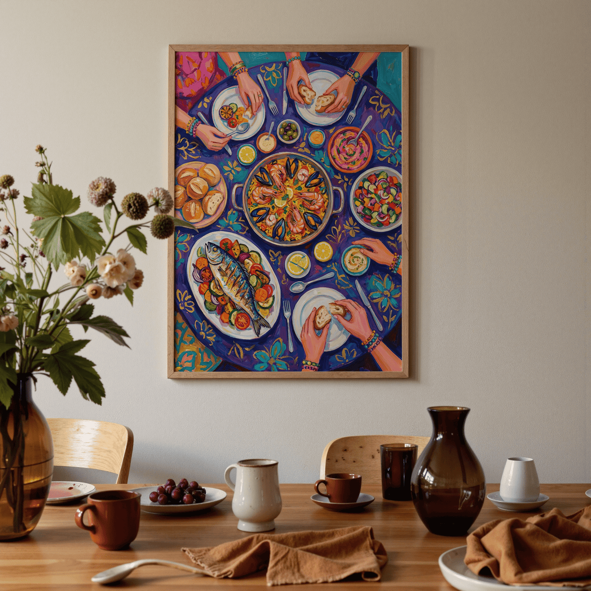 Food Art Print in a dining room showing a colourful Mediterranean feast with hands and tableware