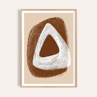 Boho Geometric Art Print close-up of abstract white and brown triangle shapes in a wooden frame