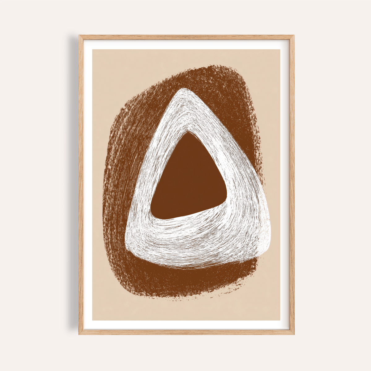 Boho Geometric Art Print close-up of abstract white and brown triangle shapes in a wooden frame