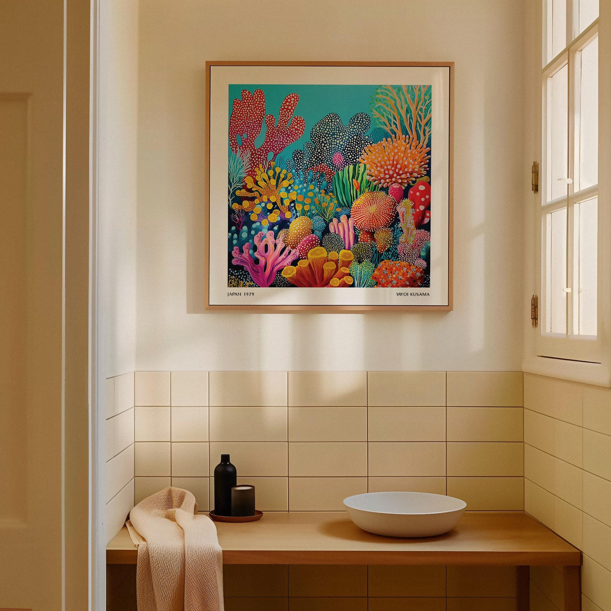 Colorful Ocean Picture hanging above a table in a softly lit kitchen with beige tiles