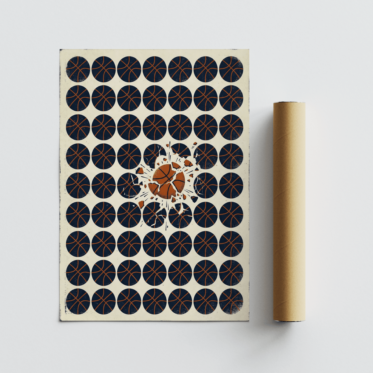Print showing a basketball breaking a pattern with a packaging tube beside it