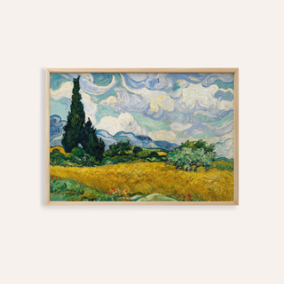 Framed Cypress Tree Landscape showing textured blue sky and green cypress trees over yellow fields