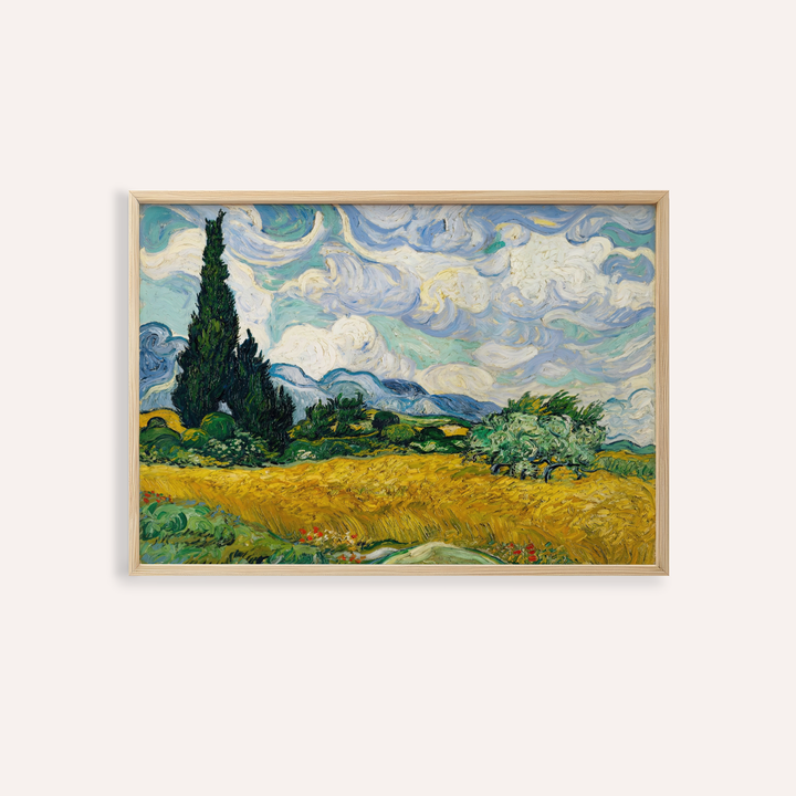 Framed Cypress Tree Landscape showing textured blue sky and green cypress trees over yellow fields