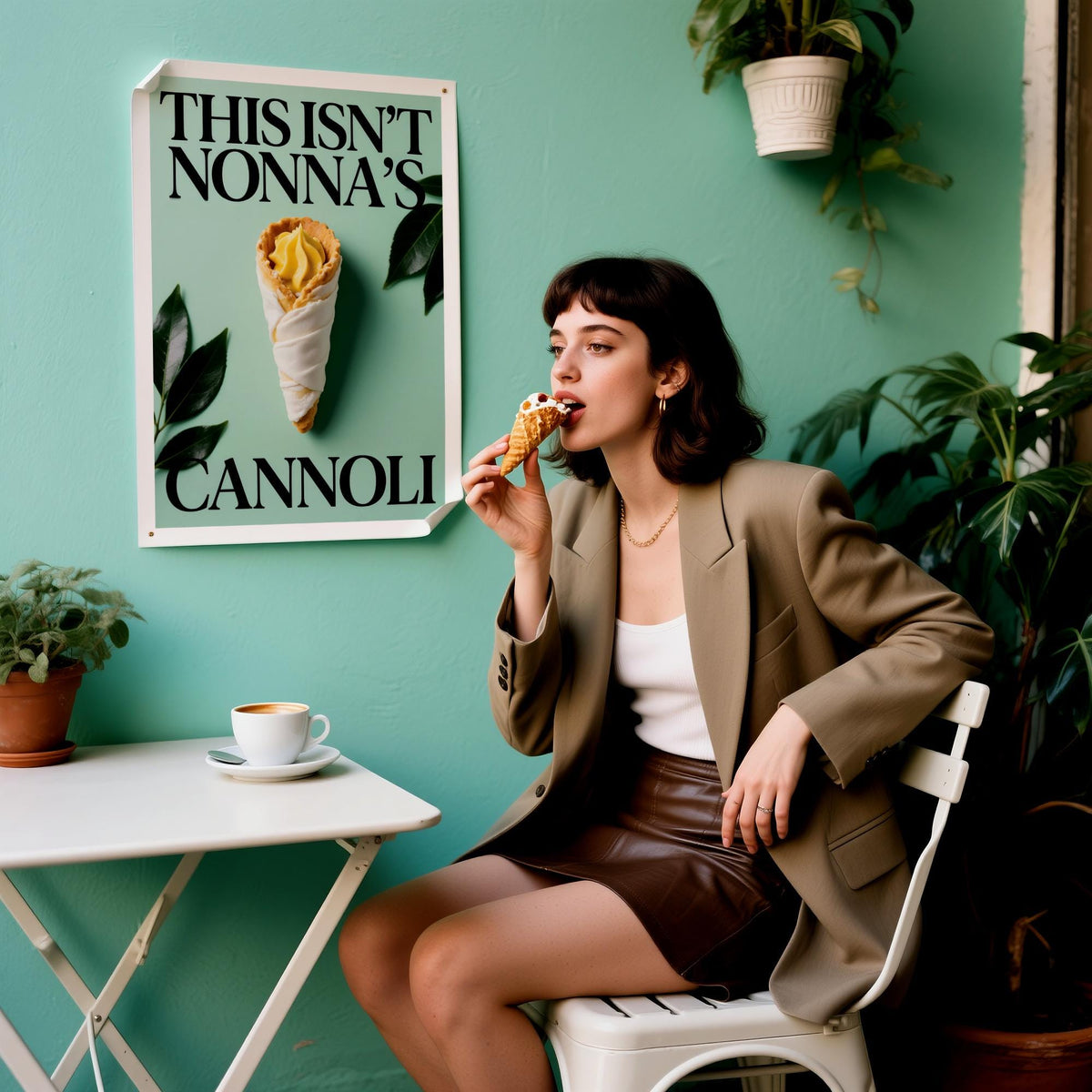 Italian Kitchen Art print on a green wall beside a woman eating ice cream in a cafe setting