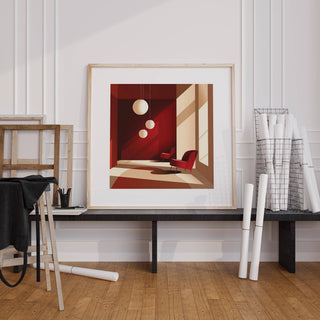 Architectural Interior Art print leaning on a black table with rolled white posters nearby