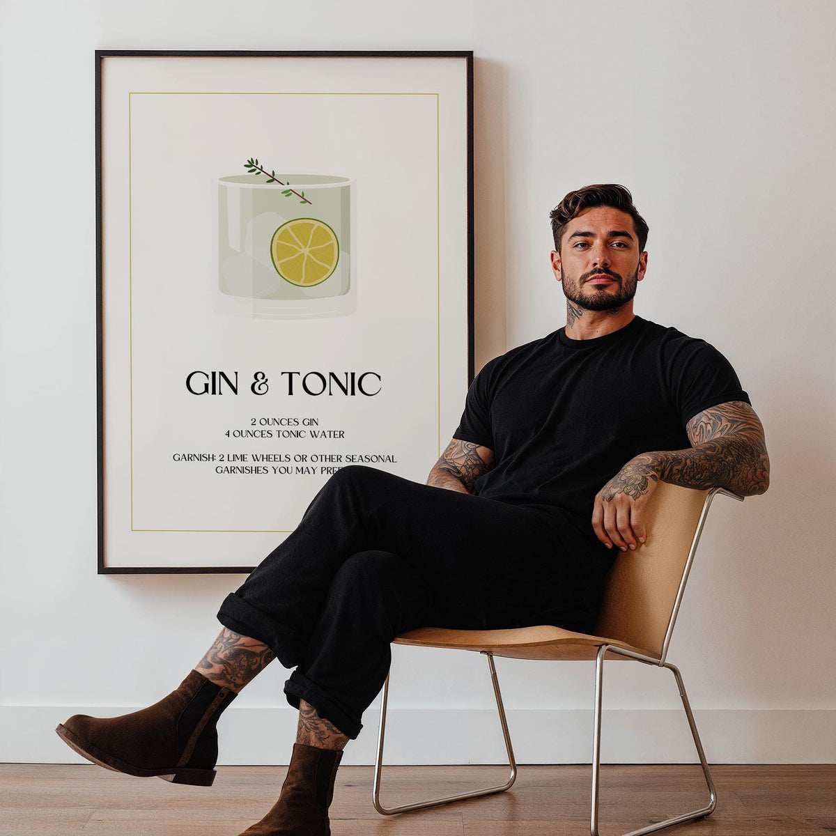 Gin and Tonic wall art framed print with minimalist illustration beside a man sitting on chair