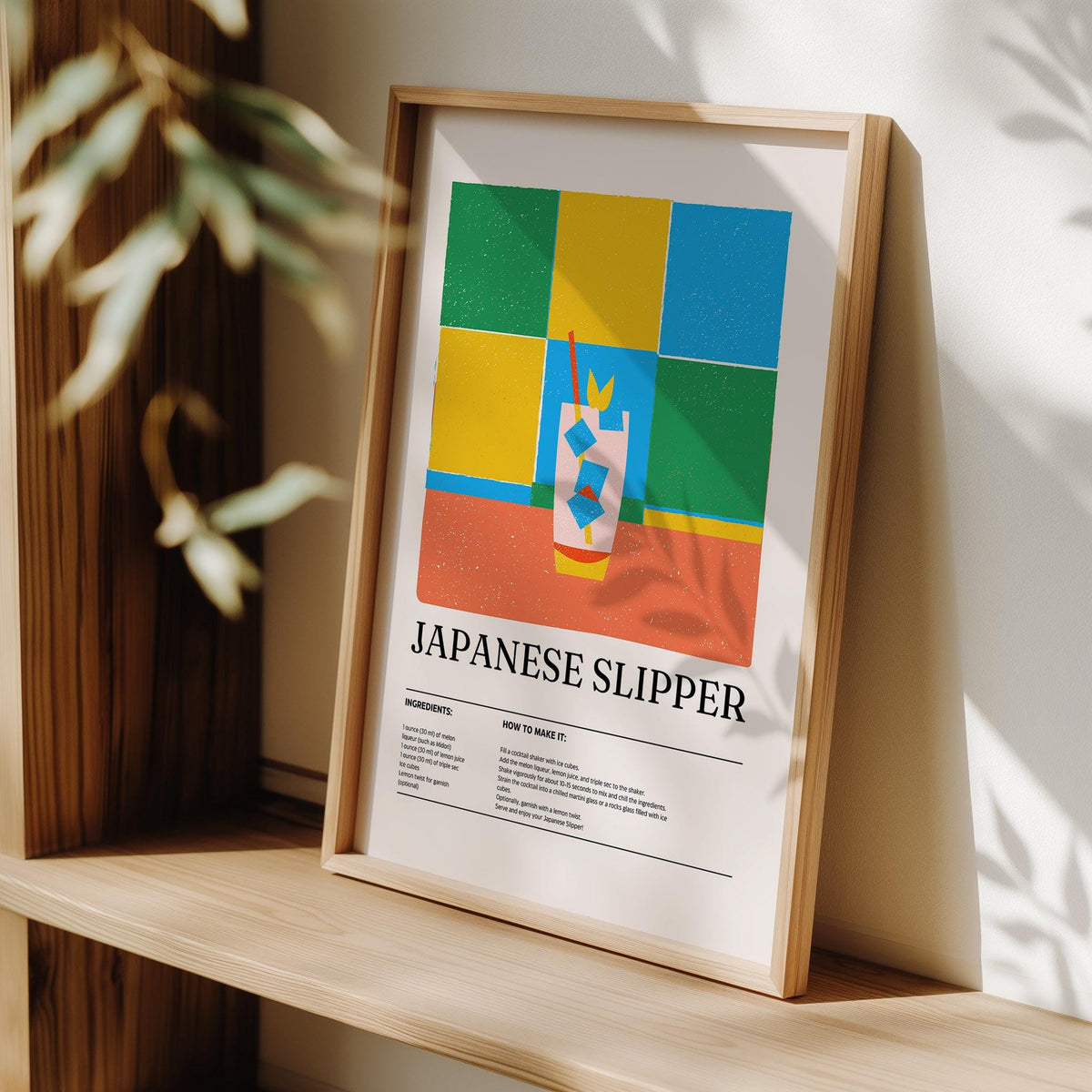 Framed Trendy Wall Art with Japanese slipper cocktail illustration and recipe leaning on a shelf