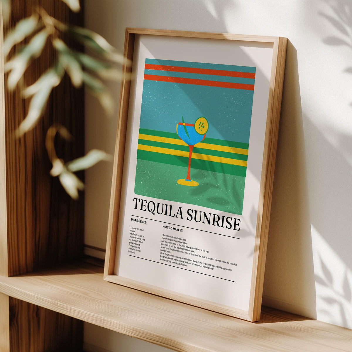 Framed Tequila wall art of a tequila sunrise cocktail illustration on a wooden shelf with plant shadows