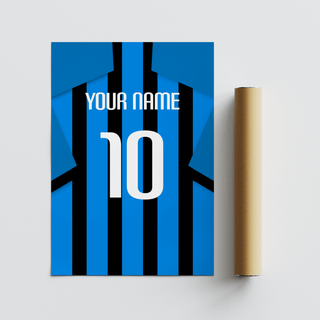 Football Shirt Poster in Black and Blue Stripes with Blue Sleeves lying flat next to a brown packaging tube