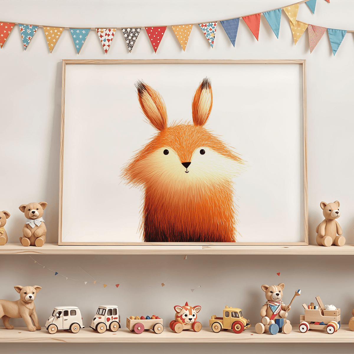 Print of a cute fox poster with orange and cream hues displayed above a shelf with wooden toys and bunting