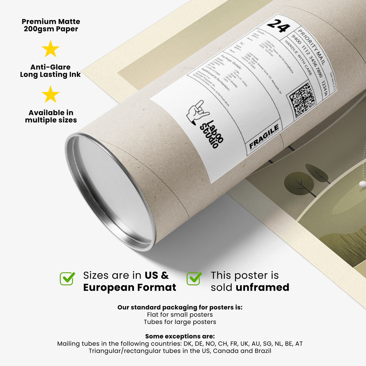 Rolled mid-century golf art print in a packaging tube with a label and part of the artwork visible