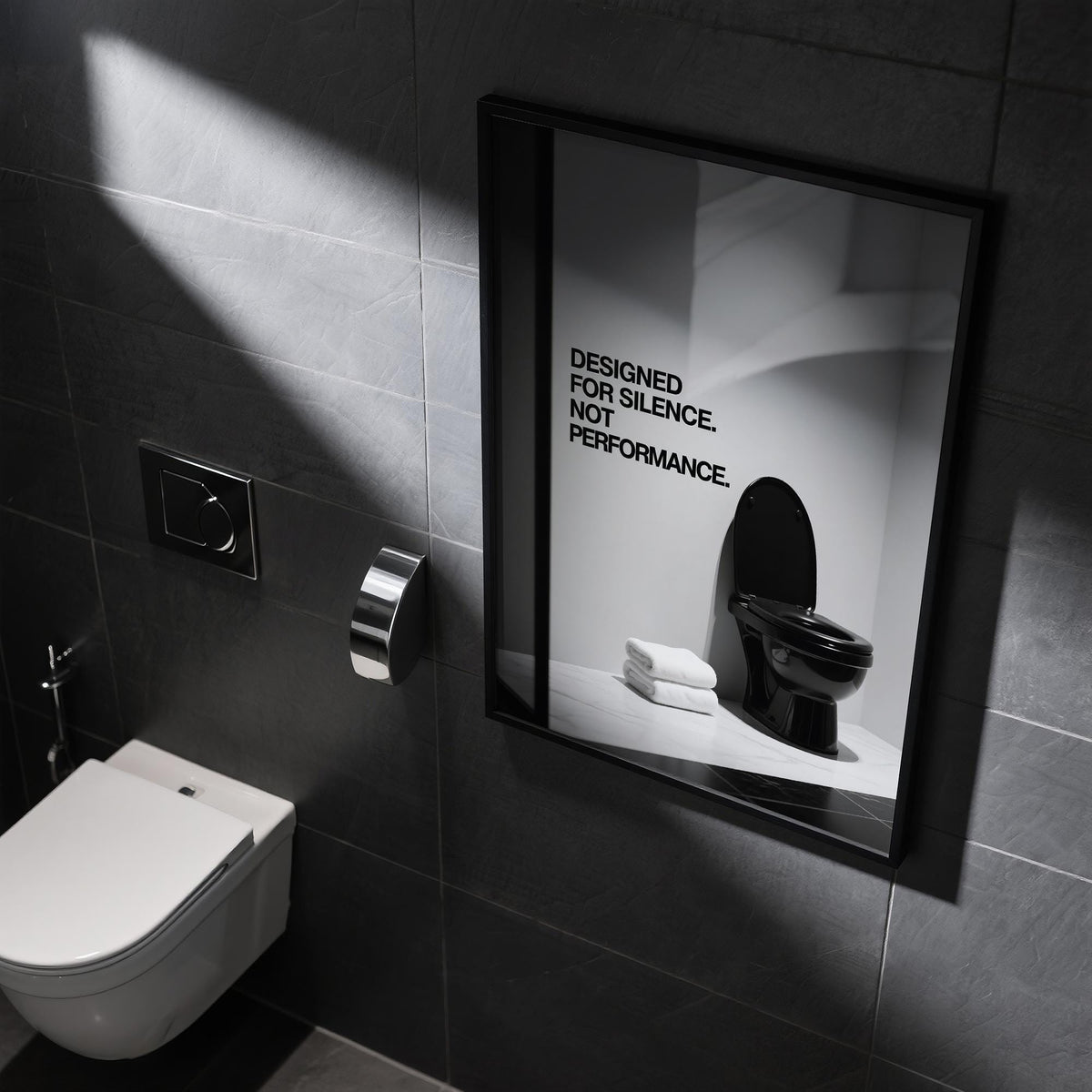 Funny Toilet Wall Art framed print hanging on a dark tiled bathroom wall reflecting light above a white toilet