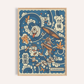 Framed Tsukumogami Art of spirits with an umbrella and maple leaves in blue and orange Japanese-woodblock style