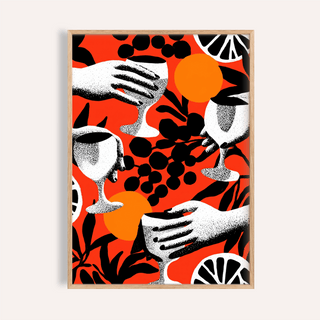 Framed close-up of Abstract Drink wall art with black and white hands holding cocktail glasses on red background