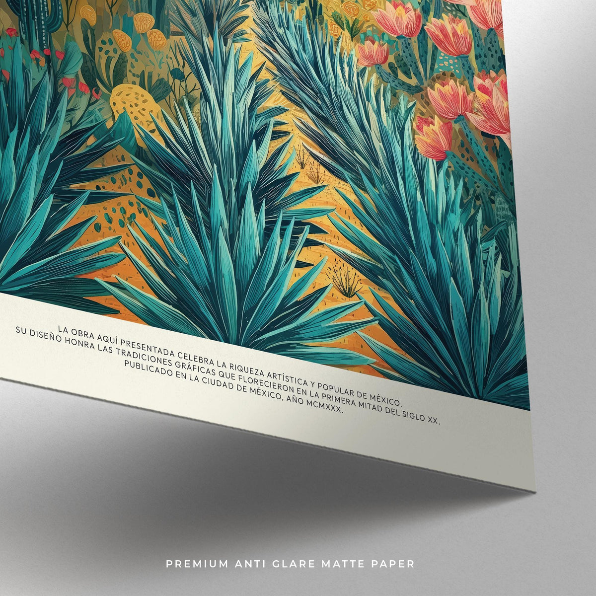 Detail close-up of Mexican Landscape Art showing agave plants and text on matte paper